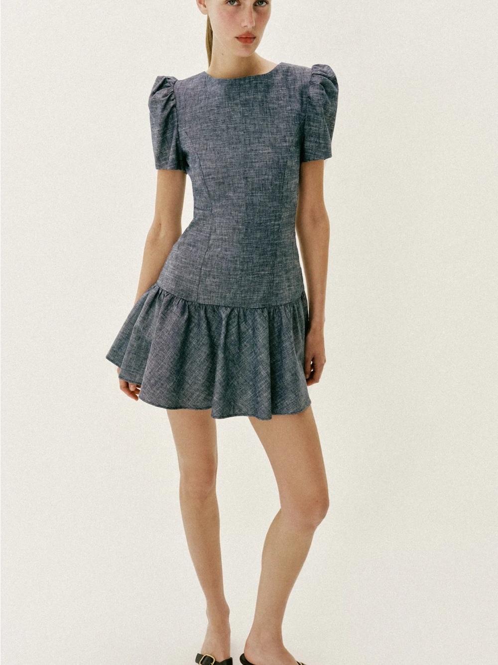 Zara Puff-Sleeve Mini Dress in Heathered Blue - Picture 2 of 8